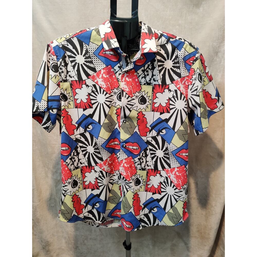 Vintage Blue Gear Shirt Men's Size Large Comic Book Print Short Sleeve Slim Fit